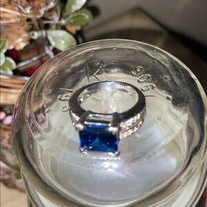 Vintage Costume Jewelry Sapphire Ring, cubic zirconia, size 7